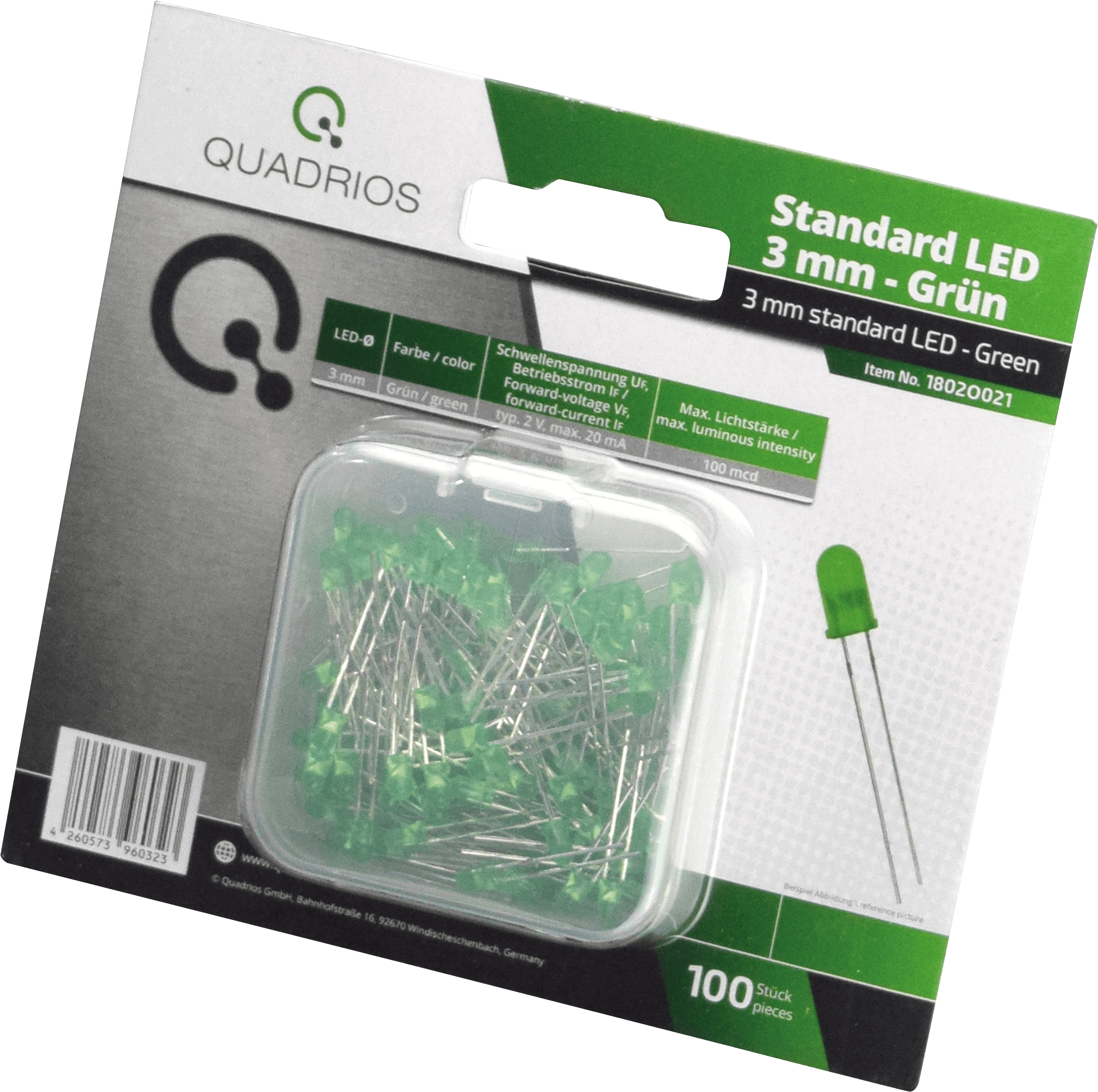 QUAD 1802O021 - LED 3 mm - Farbe Grün, 100 Stück