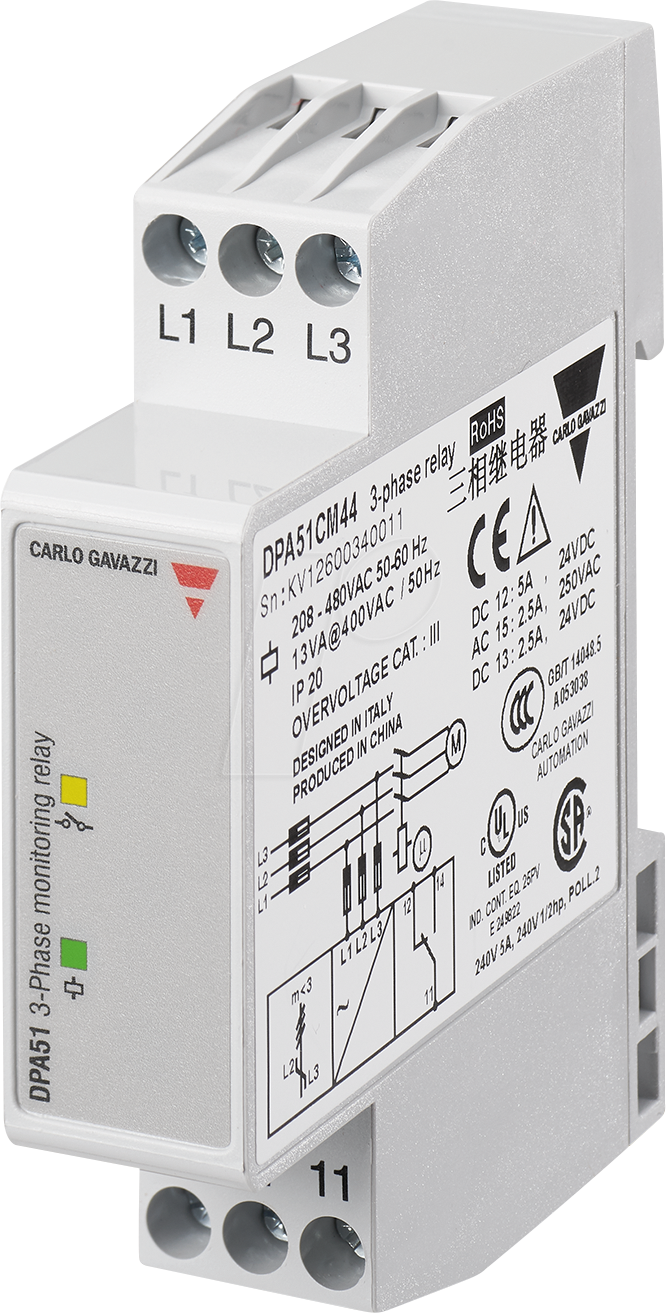 CARLO GAVAZZI DPA51CM44 3-Phase Monitor - 208-480VAC Phase Loss/Sequence Relay With SPDT Output