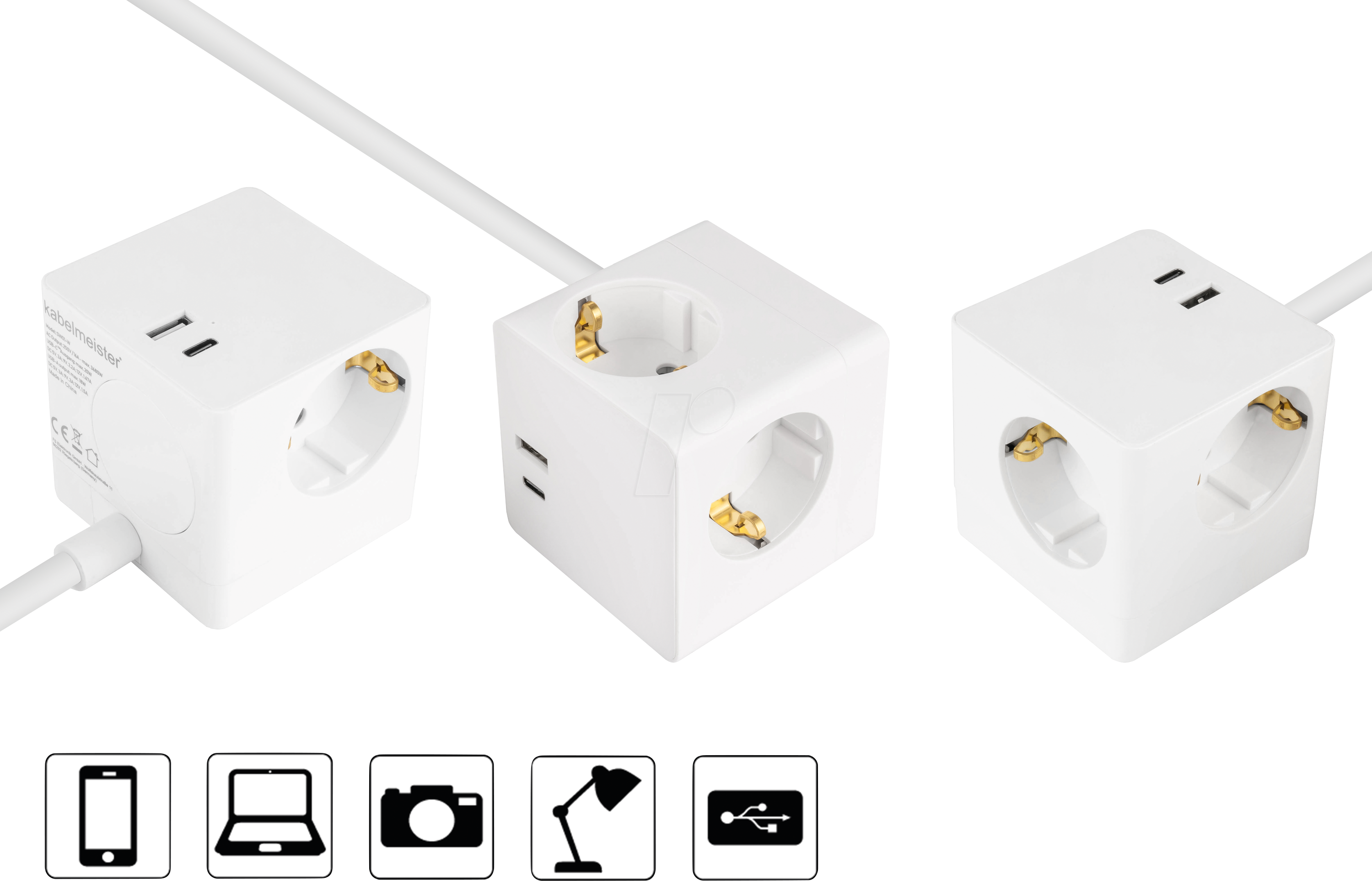 KABELMEISTER Steckdosenwürfel, 3-fach, 5 m, 1x USB, 1x USB-A, weiß | Gerätezuleitungen günstig kaufen
