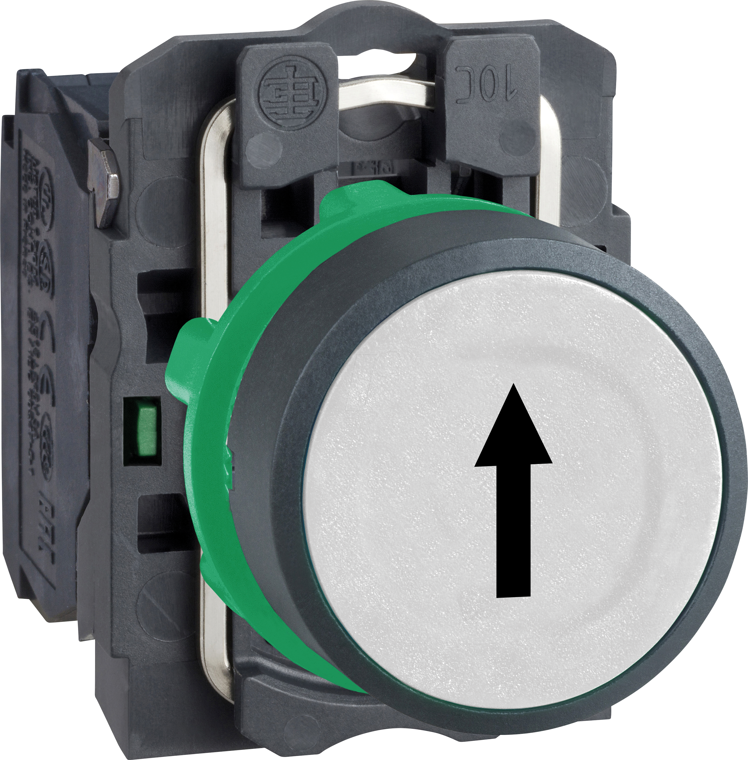 Schneider Electric Harmony push button complete with spring return and flat touch surface in white with black arrow 1xno xb5aa3341