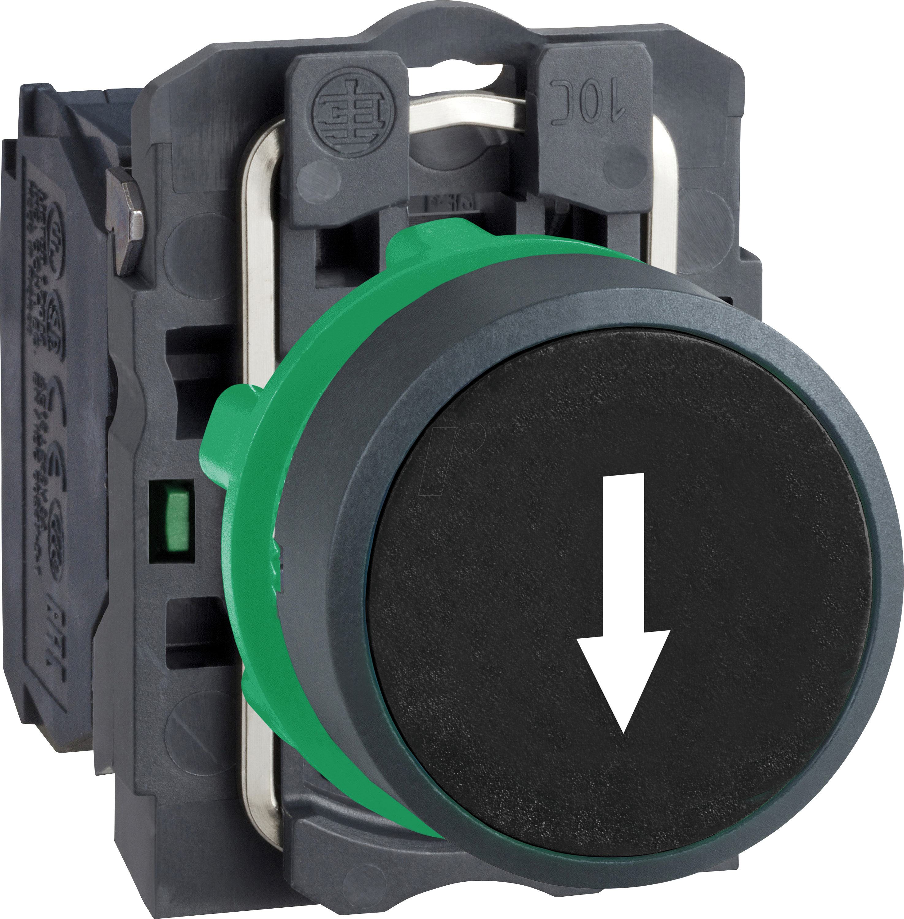 Schneider Electric Harmony push button complete with spring return and flat touch surface in black with white arrow 1XNO XB5AA3351