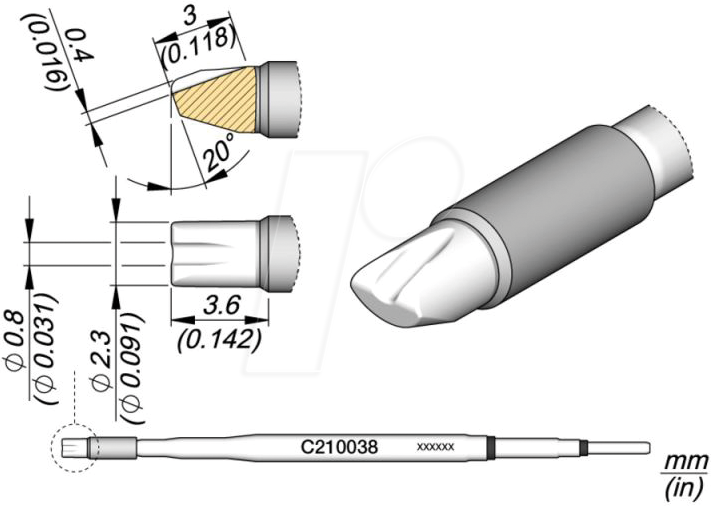 JBC C210038 - Lötspitze C210, Sonderform, C210038/Ø 2,3 mm, Kabellötspitze
