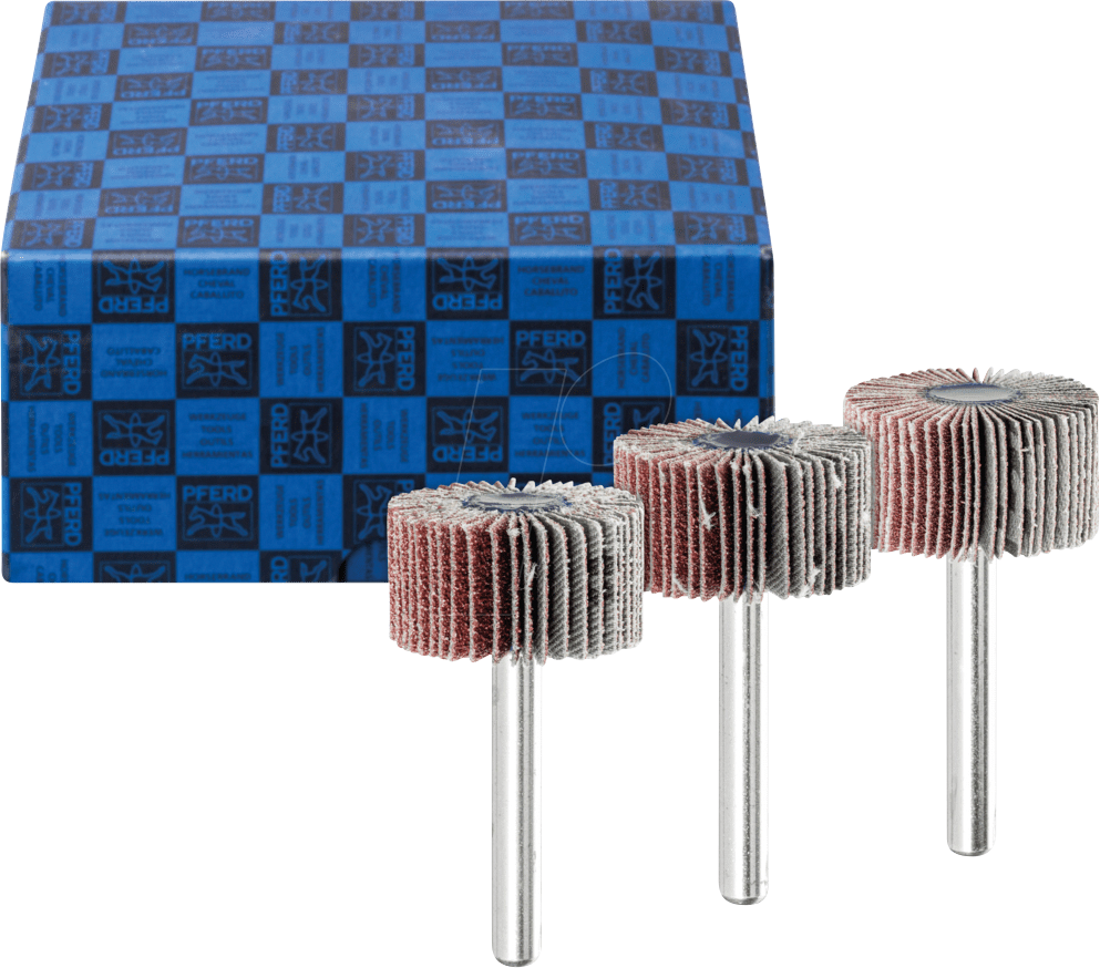 4007220232422 - Fächerschleifer-Set 3-tlg Korund ø 30x15 mm Schaft-Ø 6 mm A60 80120 für Feinschliff und Finish - Pferd