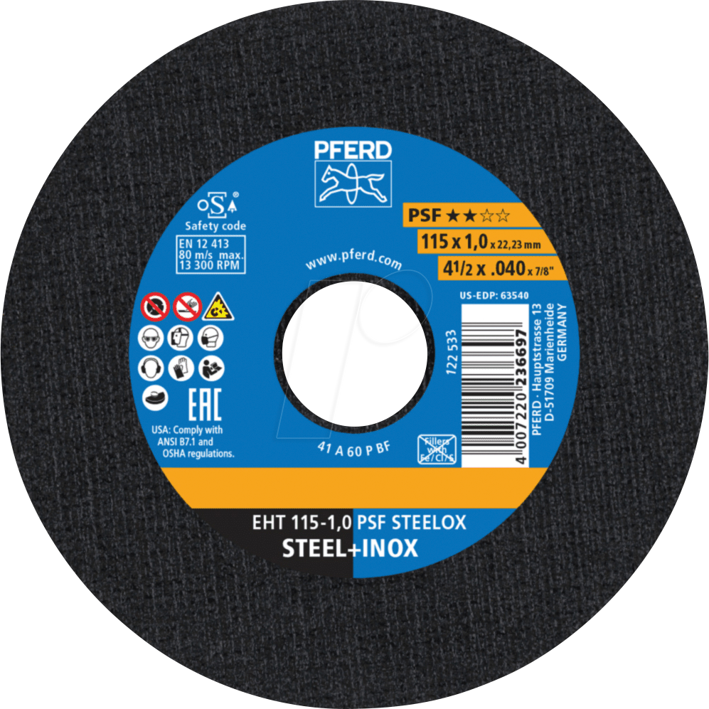 4007220560266 - Pferd - 61730100 Trennscheibe psf steelox D115x1mm gerade inox Bohrung 2223 mm 4007220560266 - Pferd - 61730100 Trennscheibe psf steelox D115x1mm gerade inox Bohrung 2223 mm