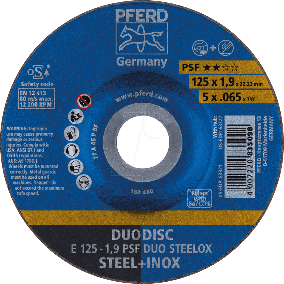 4007220835098 - 62012630 E 125-19 PSF DUO STEELOX Schruppscheibe gekröpft Durchmesser 125 mm Bohrungs-Ø 2223 mm 10 St 4007220835098 - 62012630 E 125-19 PSF DUO STEELOX Schruppscheibe gekröpft Durchmesser 125 mm Bohrungs-Ø 2223 mm 10 St