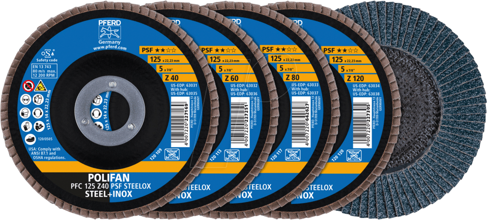 4007220418154 - 69198300 set pfc 125 Z40 60 80 120 psf steelox Fächerschleifscheibe Durchmesser 125 mm Bohrung - Pferd 4007220418154 - 69198300 set pfc 125 Z40 60 80 120 psf steelox Fächerschleifscheibe Durchmesser 125 mm Bohrung - Pferd