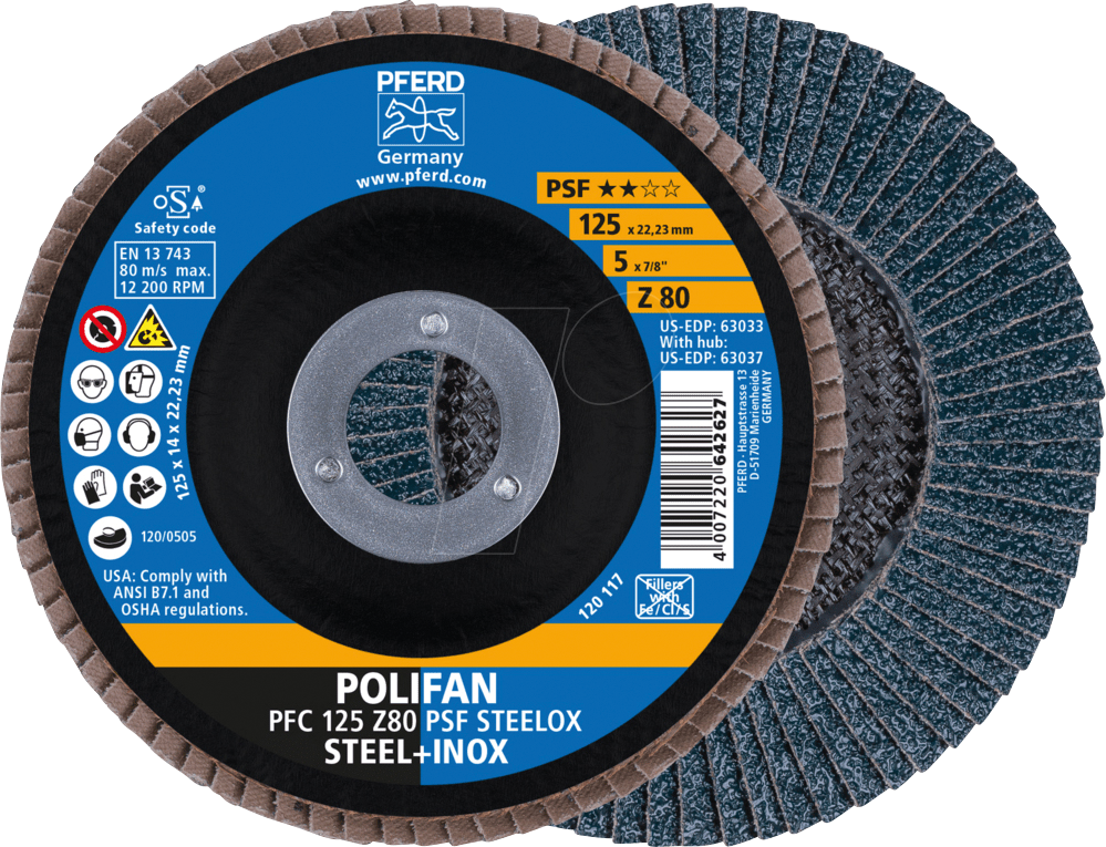 4007220229880 - 69398194 PFC 125 Z 80 PSF STEELOX Fächerschleifscheibe Durchmesser 125 mm Bohrungs-Ø 2223 mm 5 St 4007220229880 - 69398194 PFC 125 Z 80 PSF STEELOX Fächerschleifscheibe Durchmesser 125 mm Bohrungs-Ø 2223 mm 5 St