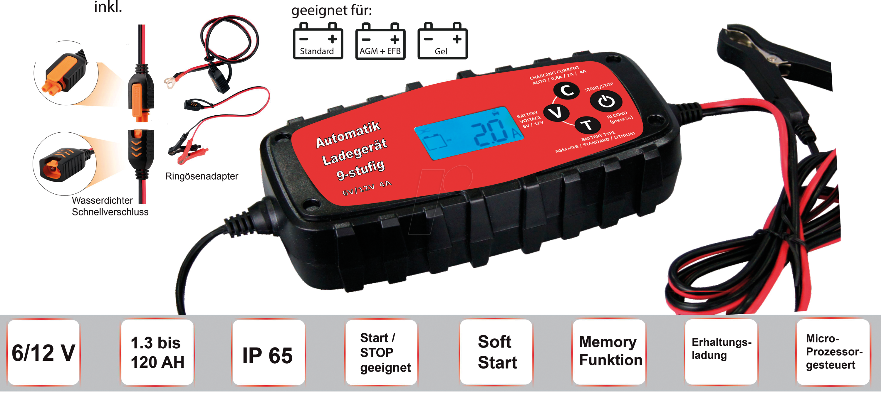 elektronik 4A Automatik-Ladegerät bei IWH 075900: LiFePO4, Bleiakkus, für reichelt 6 12V, -