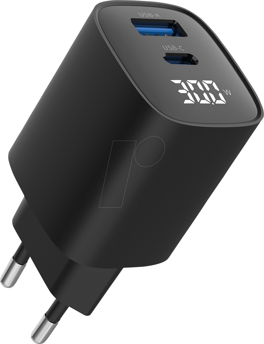 FONTASTIC 264696 - USB-Ladegerät, 30 W, 1x USB-C, 1x USB-A, GaN, Display, schwarz