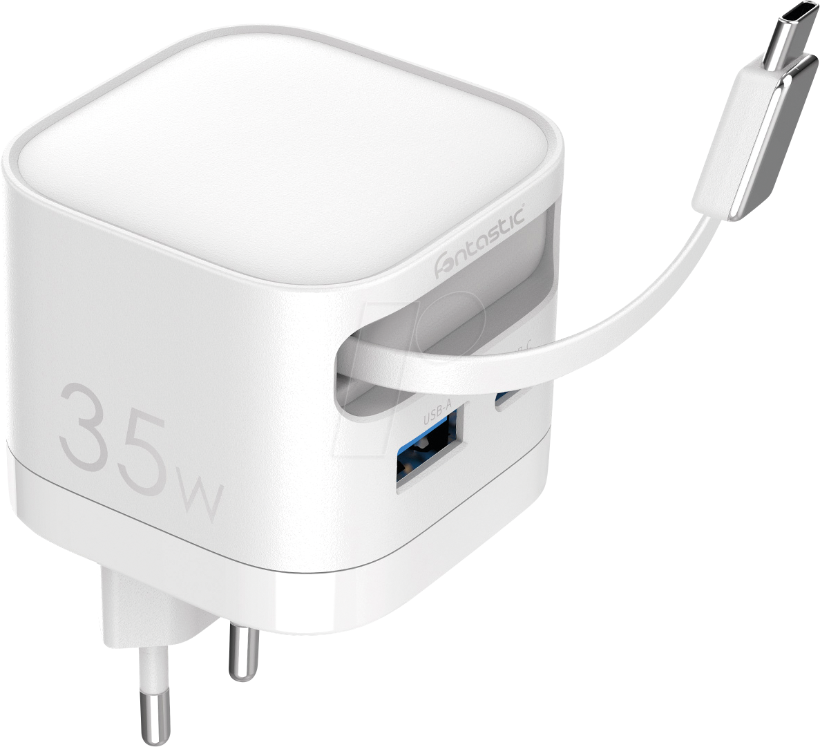 FONTASTIC 264887 - USB-Ladegerät, 35 W, 1x USB-C, 1x USB-A, USB-C Kabel, GaN, weiß