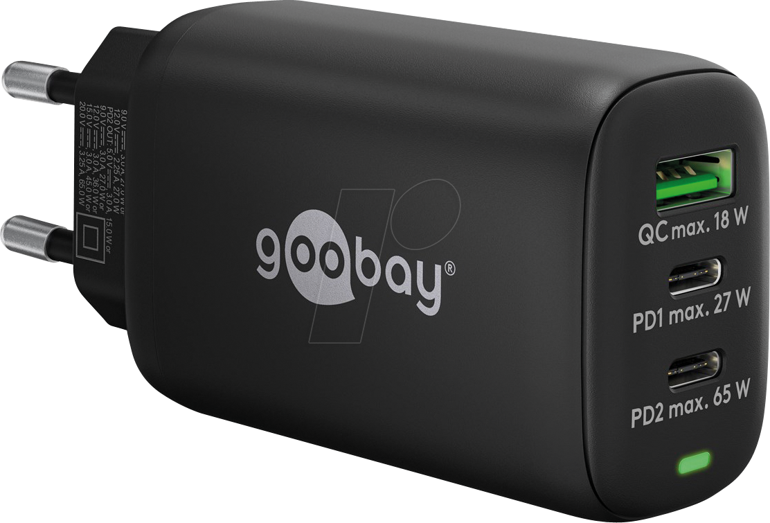 4040849654077 - GOOBAY 65407 - USB-Ladegerät 65 W 1x USB-A (QC) 2x USB-C (PD) GaN schwarz