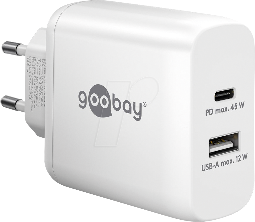 GOOBAY 65412 - USB-Ladegerät, 45 W, 1x USB-A, 1x USB-C (PD), GaN, weiß