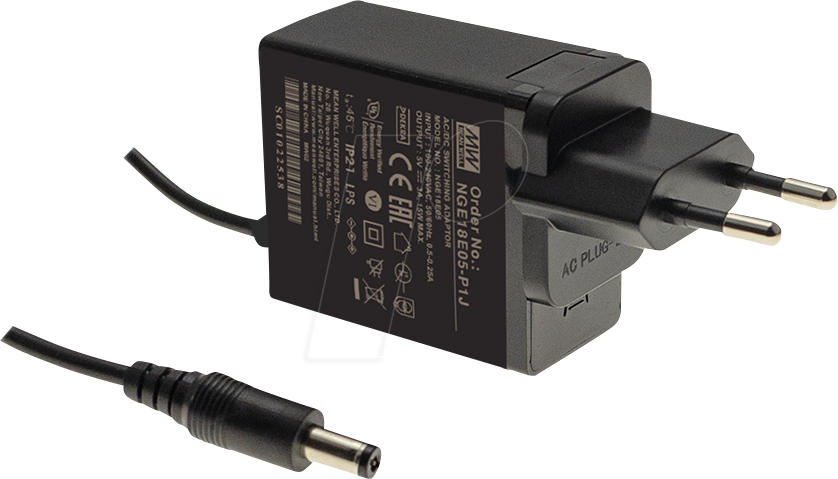 MW NGE18E24-P1J - Steckernetzteil, 18 W, 24 V, 0,75 A, medical