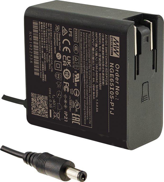 MW NGE65I24-P1J - Steckernetzteil, 65 W, 24 V, 2,71 A, für Wechseladapter, medical