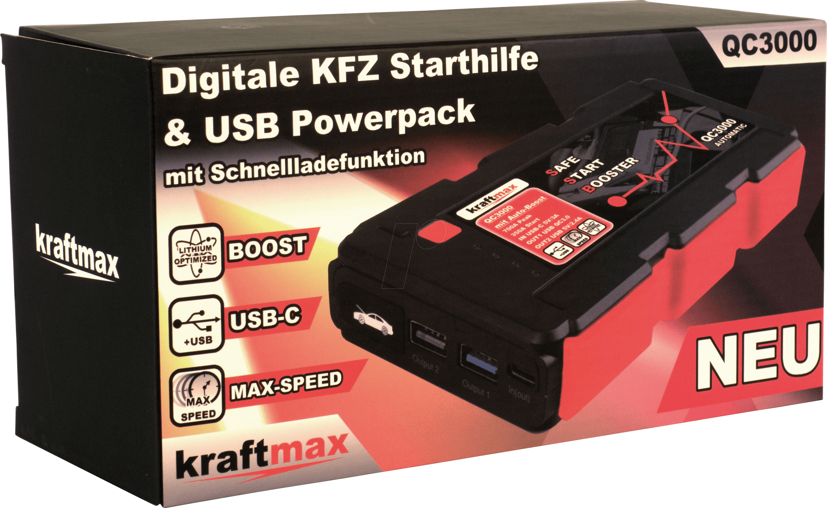 KRAFTMAX QC3000: KFZ - Starthilfe, JumpStarter, LiPo, 350A, USB bei  reichelt elektronik