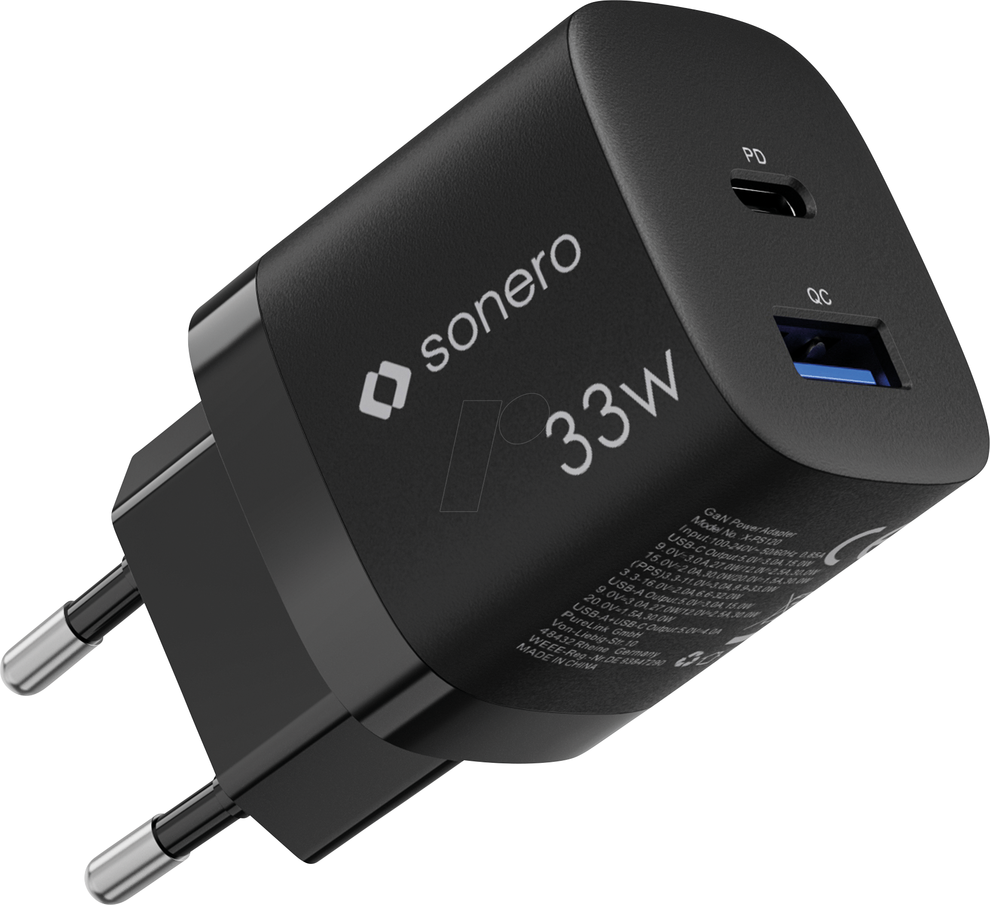 SON X-PS120 - USB-Ladegerät, 33 W, GaN, PD, 1x USB-C, 1x USB-A, schwarz