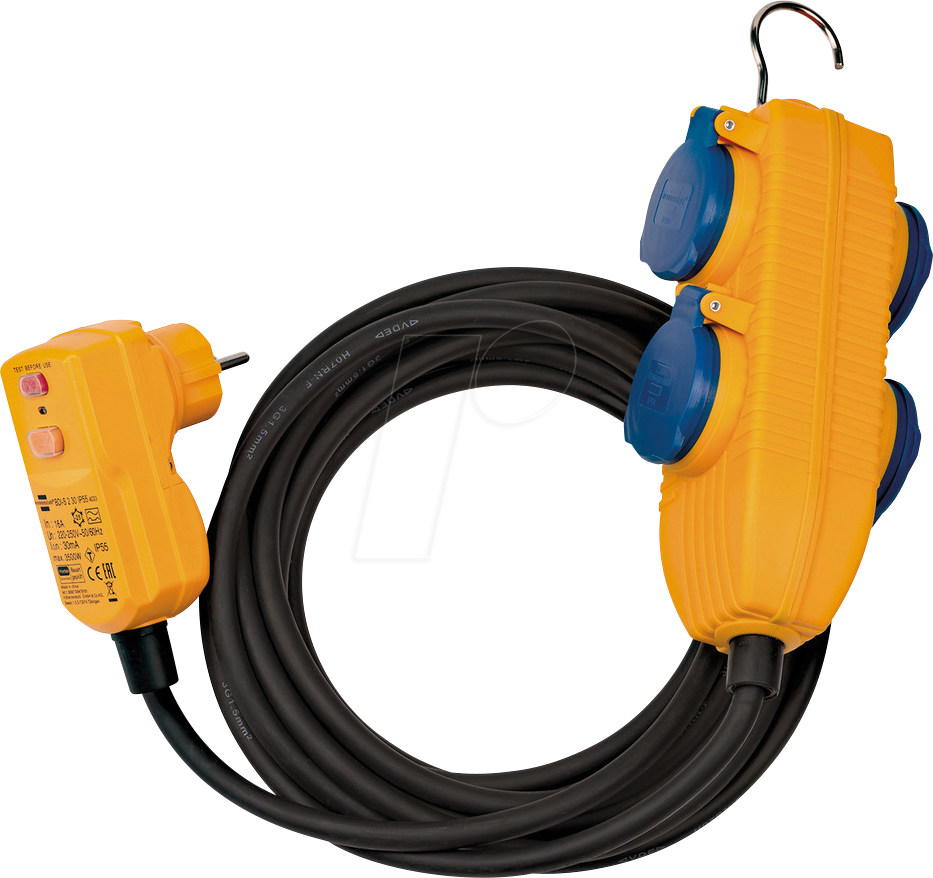 Schutzadapterkabel fi IP54 mit Powerblock 4-fach Verlängerung IP54 5 m Kabel mit Personenschutzschalter - Brennenstuhl