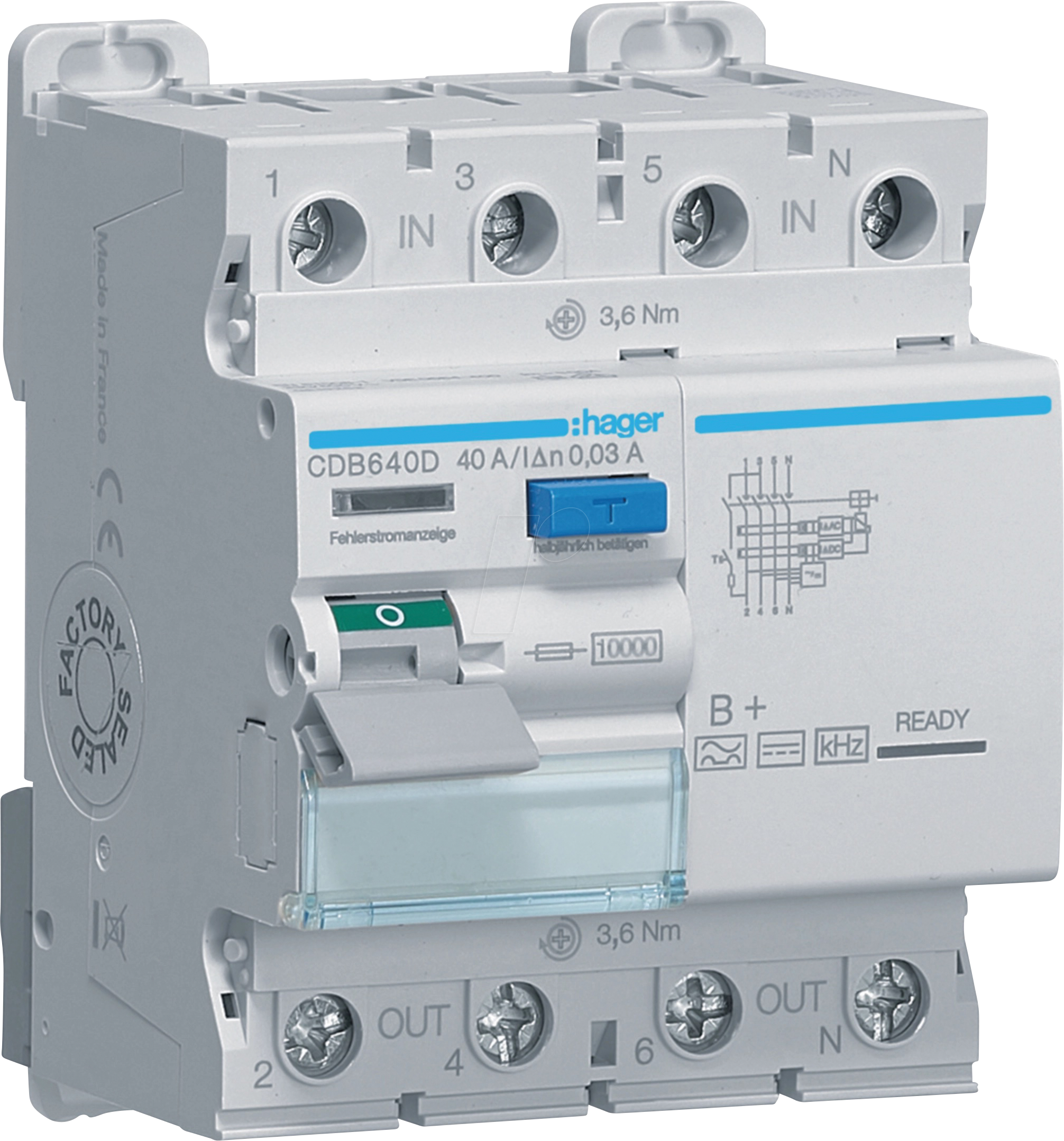 3250611627678 - HAGER CDB640D - FI-Schalter 4-polig 10kA 40A 30mA Typ B+