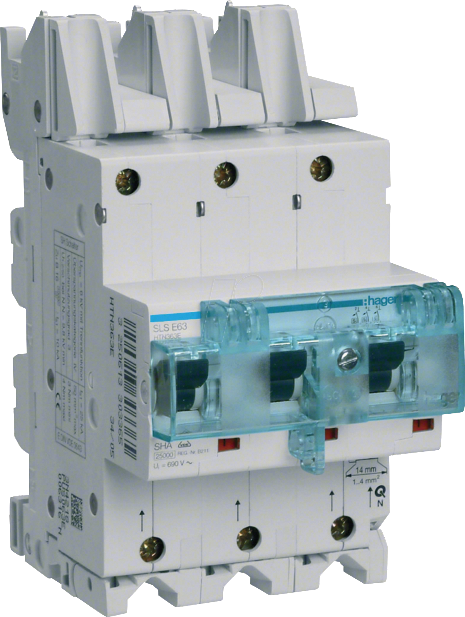3250613304515 - HAGER HTS380E - SLS-Schalter 3-polig E-Charakteristik 80A für Sammelschiene QC