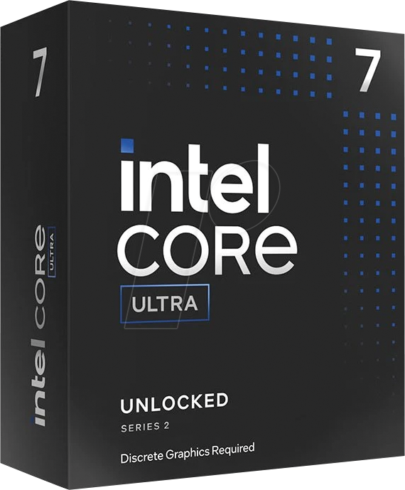 The KF packaging identifies an unlocked CPU that needs separate graphics. Intel Core Ultra 7 265KF black retail box marked Unlocked and Discrete Graphics Required