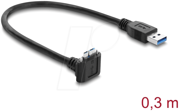 Delock USB 5 Gbps Kabel USB Typ-A Stecker gerade zu USB Micro-B Stecker mit Schraubenabstand 18 mm 90° nach oben gewinkelt 0,3 m schwarz