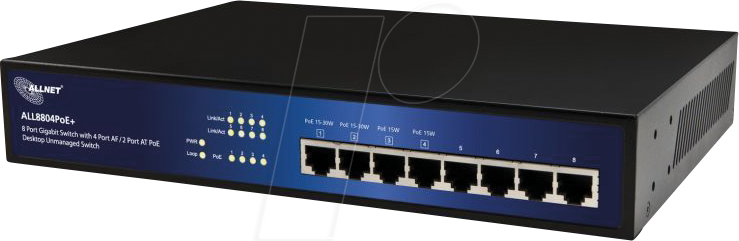 ALLNET ALL8804P+ - Switch, 8-Port, Gigabit Ethernet, PoE+