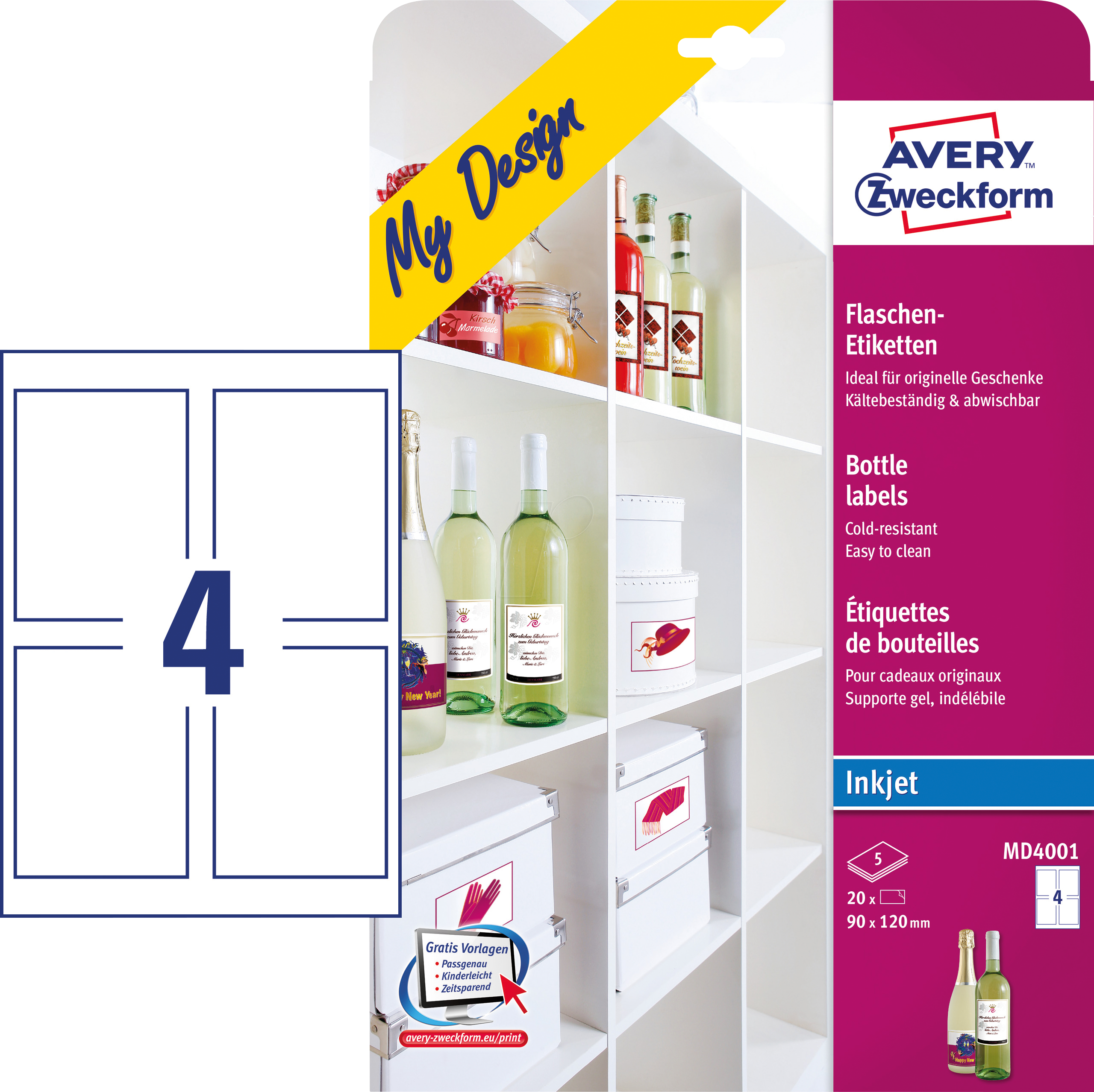 AVERY Zweckform Flaschen-Etiketten/MD4001 90 x 120 mm Inh.20 4004182045565 AVERY Zweckform 20 Stück