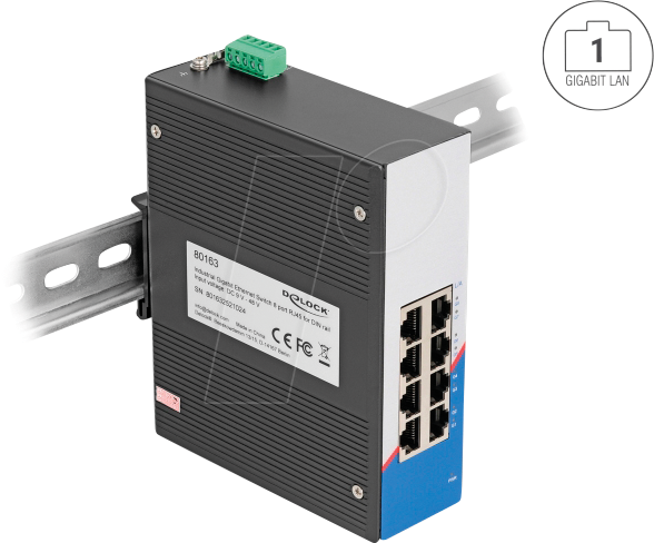 4043619801633 - DELOCK 80163 - Industrie Gigabit Ethernet Switch 8 Port RJ45 für Hutschiene