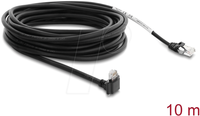 Delock GigE Kamera Kabel RJ45 Stecker 90° gewinkelt mit Schrauben, Steckerlänge 28 mm zu RJ45 Stecker Cat.6 S/FTP 10 m schwarz