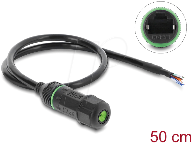 Delock Kabel RJ45 Buchse zu offene Kabelenden zum Einbau Cat.6 mit M16,8 x 1,5 mm Gewinde und Gehäuse 50 cm schwarz