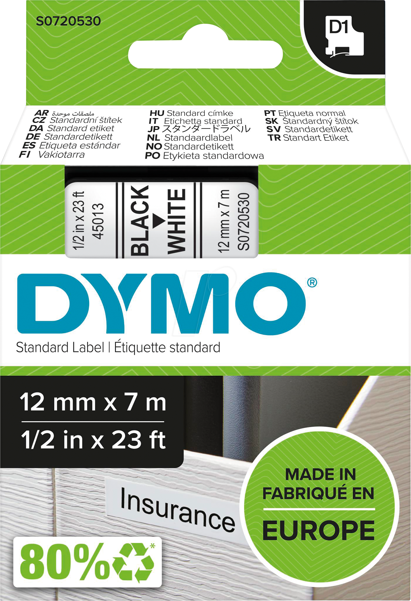 DYMO D1 45013 - DYMO D1 Schriftband, 12mm, schwarz/weiß