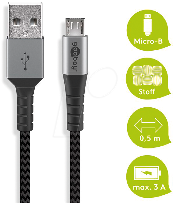 4040849492730 - GOOBAY 49273 - Sync- & Ladekabel USB-A > Micro-B 05 mTextil schwarz