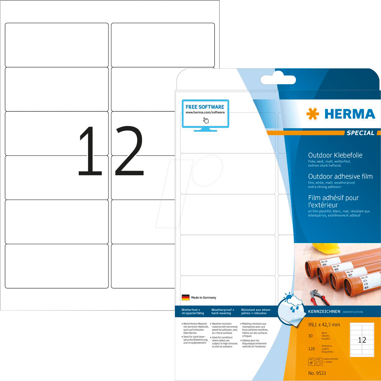HERMA 9533 - Folien-Etiketten, wetterfest, 99,1 x 42,3 mm, 120 Stück, weiß