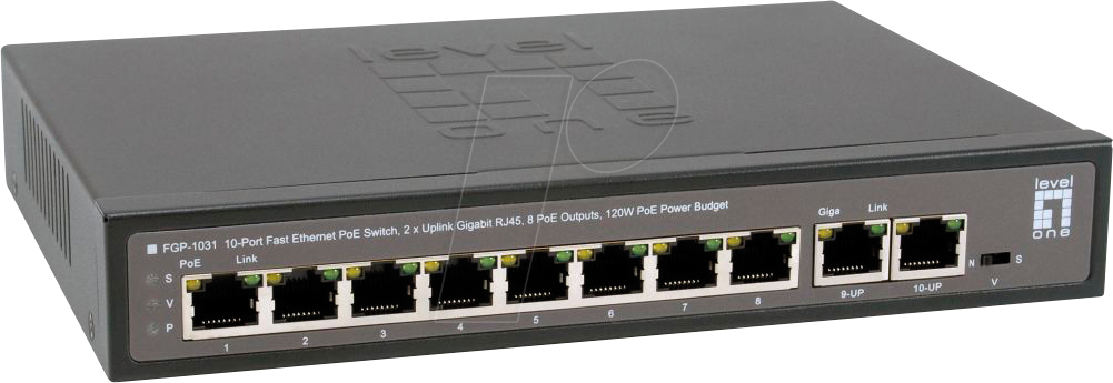 FGP-1031 10-Port Fast Ethernet PoE Switch, 2 x Uplink Gigabit RJ45, 8 PoE  Outputs, 120W PoE Power Budget - LevelOne