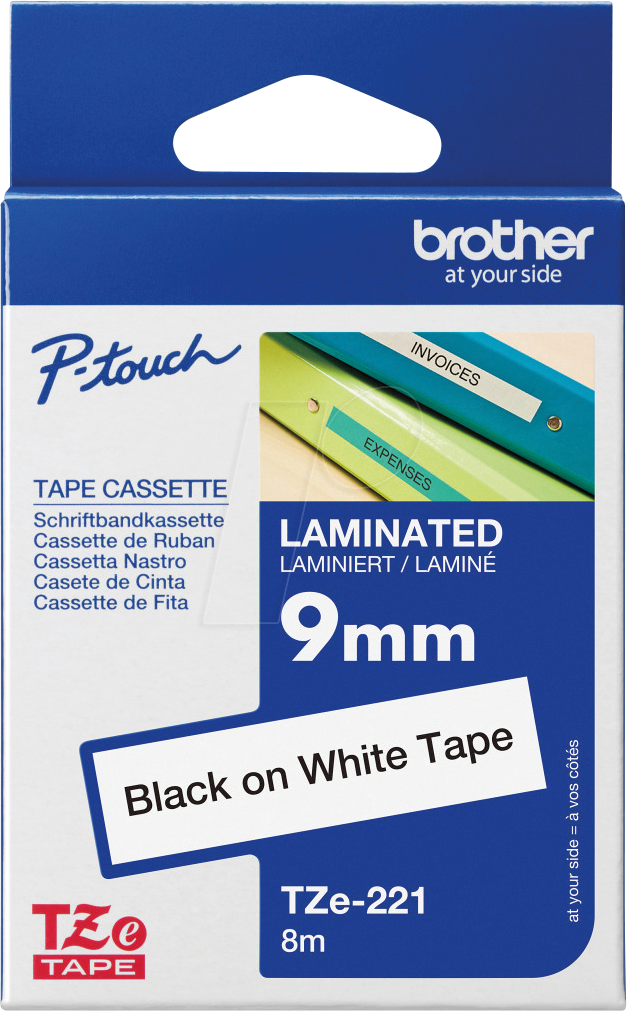 P-TOUCH TZE221 - laminiertes Schriftband, schwarz auf weiß, 9mm