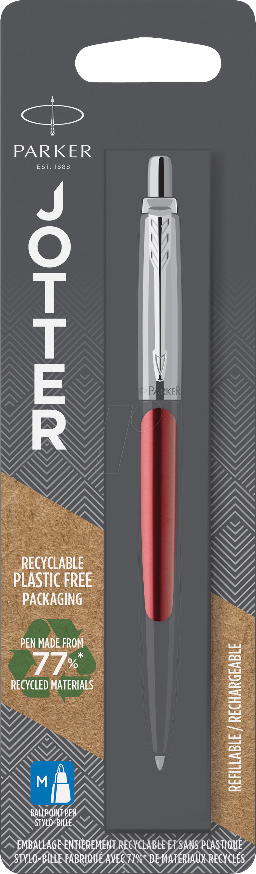 Parker Jotter Kugelschreiber | Kensington Red | Mittlere Spitze | Blaue Tinte | Blister-Verpackung