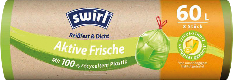 4008871216397 - Swirl Aktive Frische Zitrus-System Müllbeutel Reißfest & Dicht 60 Liter mit Zugband grün teil-transparent 68 x 73 cm aus 80 % recyceltem Plastik 8 Stück