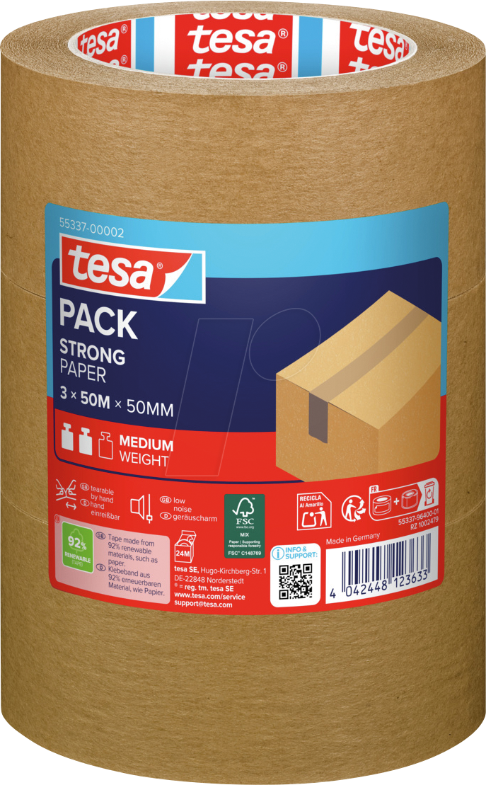 TESA 55337 - tesapack® STRONG PAPER, 50 m x 50 mm, 3 Rollen