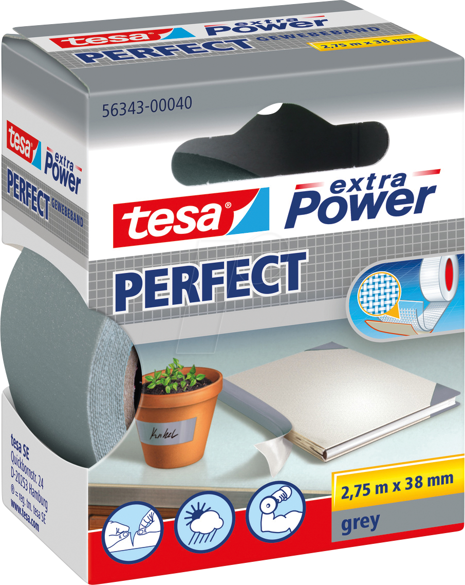 TESA 56343 GR - Gewebeband tesa extra Power® Perfect, 2,75 m x 38 mm, grau