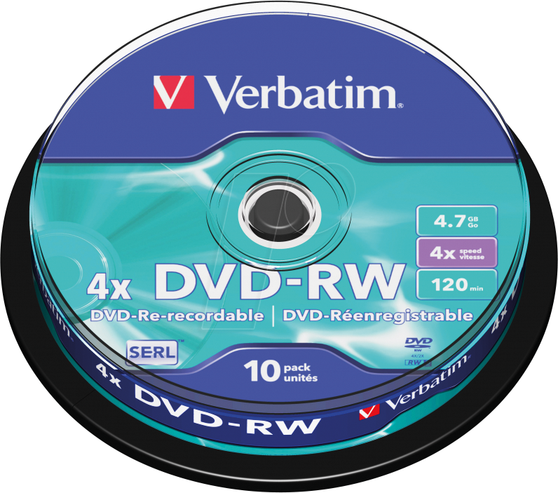 VERBATIM 43552 - DVD-RW 4,7 GB, matt, 10er Pack Spindel