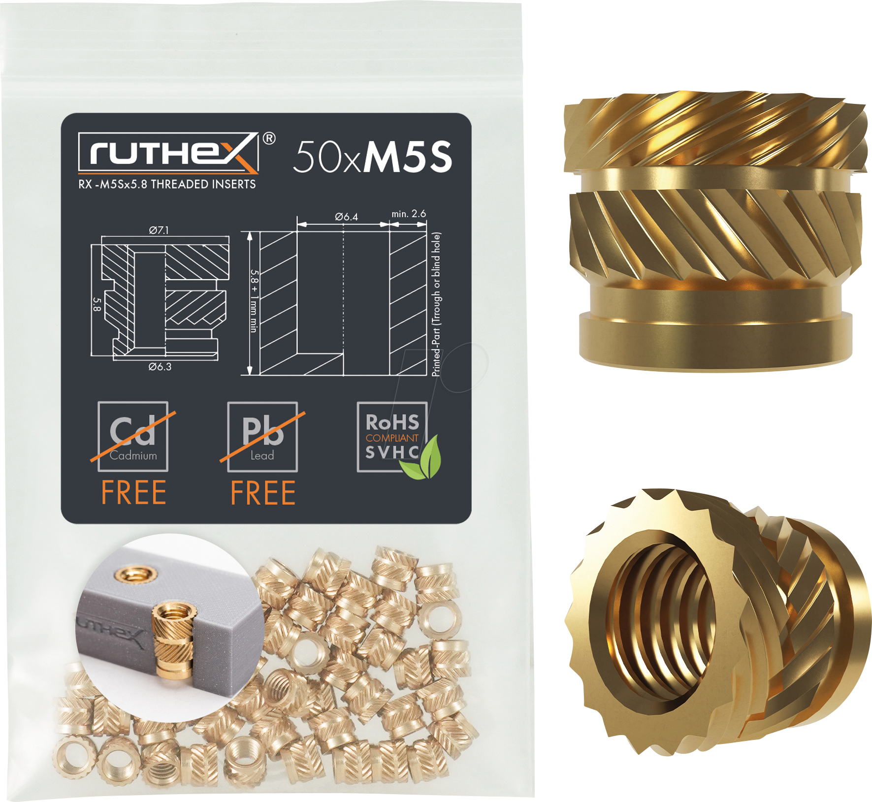 RX-M5SX5,8 - 3D Druck, Gewindeeinsätze, M5x5,8 (Short), 50 Stück