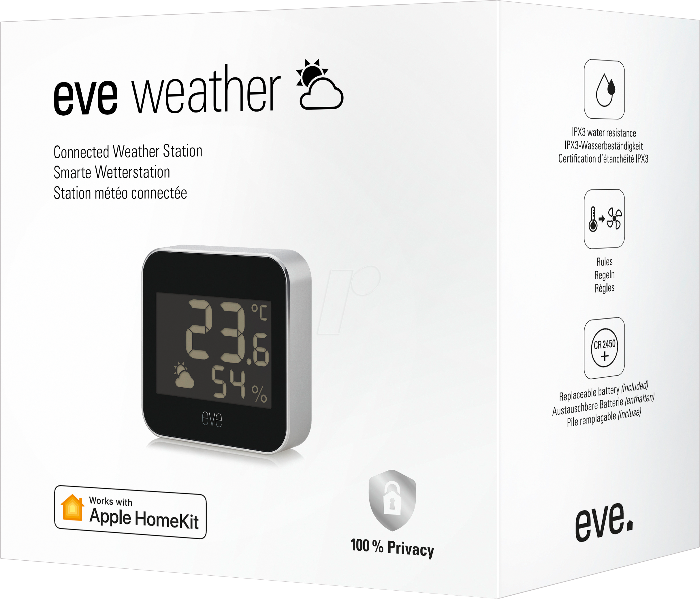 Eve Weather - Station météo connectée avec technologie Apple HomeKit pour  le suivi de la température, du taux d'humidité et de la pression  atmosphérique, tendance météo, IPX4, Bluetooth, Thread : : Jardin