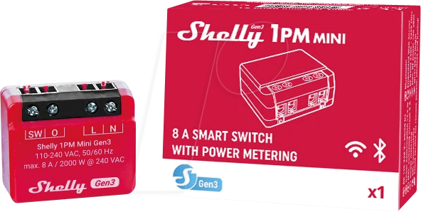 SHELLY PLUS1PMM3 - Shelly Plus 1 PM Mini, 1-Kanal, WLAN, BT, max. 8 A, Messfunktion