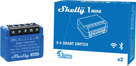 SHELLY PLUS 1M 3: Shelly Plus 1 Mini, 1 canale, WLAN, BT, max. 8 A