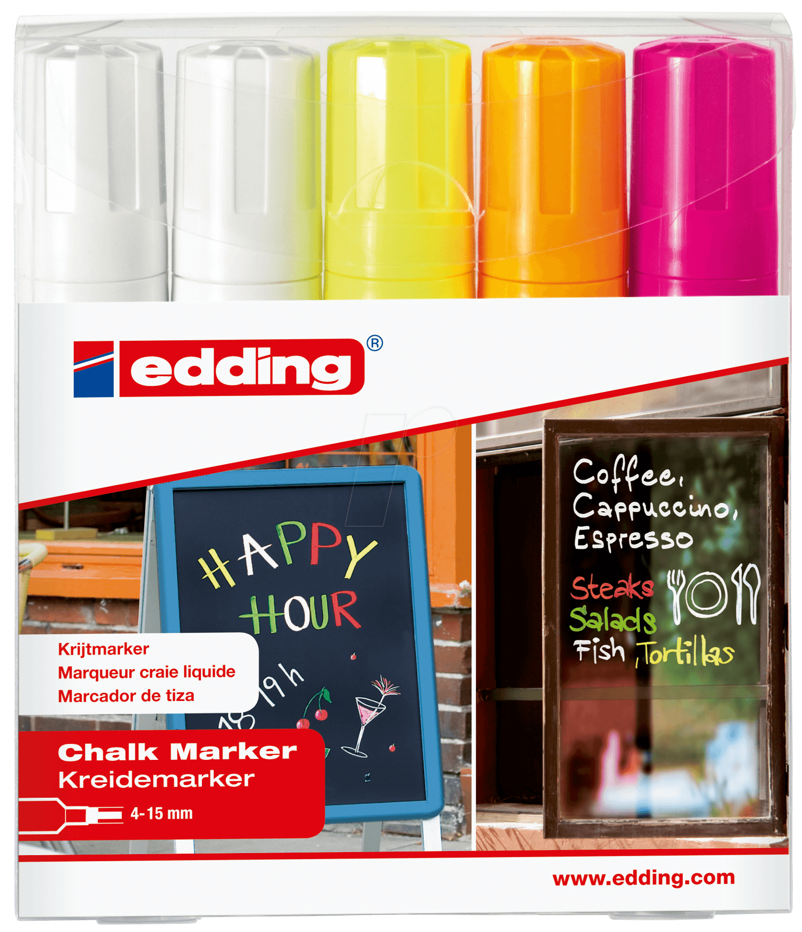 EDDING 4090 - 5S: Chalk marker set (white, yellow, orange, pink) at  reichelt elektronik