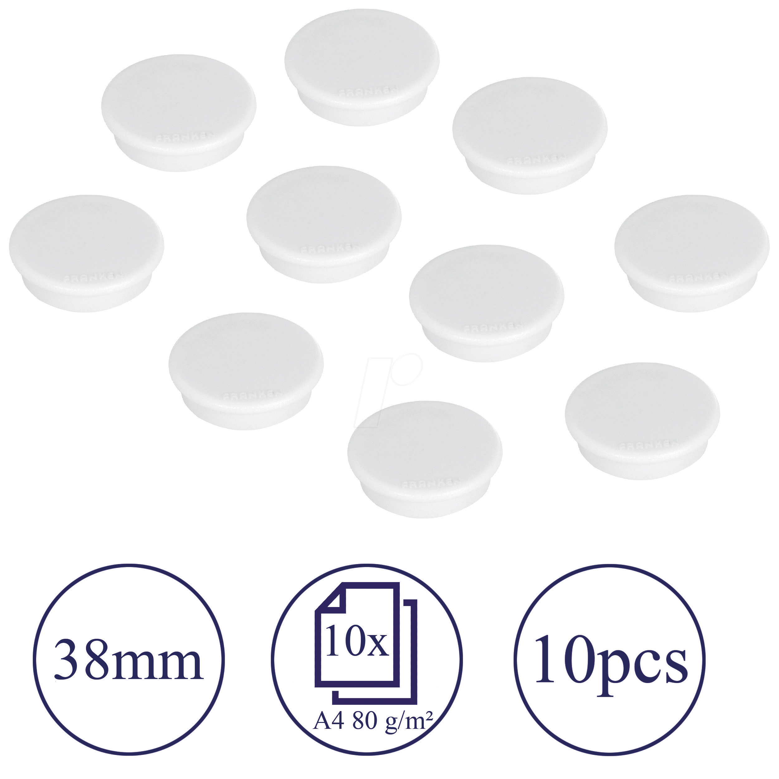 Franken Haftmagnet HM3809, Rund, 38mm Ø, weiß, 1500g 4016946052443 Franken 10 Stück