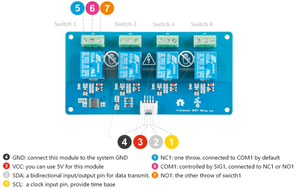 Arduino - Модуль реле Grove, 4-канальний, 5 В, SRD-05VDC-SL-C
