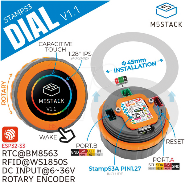 M5Stack Dial v1.1 - Интеллектуальный поворотный регулятор для ESP32-S3 с круглым наконечником диаметром 1,28 дюйма.