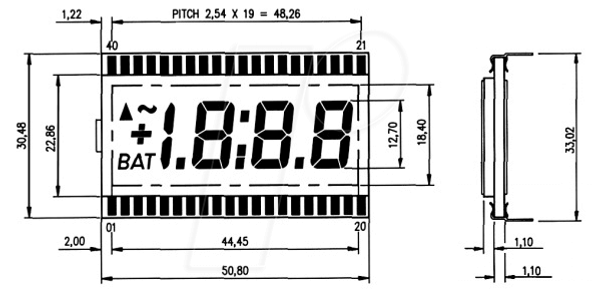 7-сегментний РК-дисплей, 1x3 + розмір, висота 12,7 мм