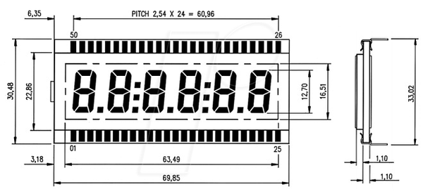 РК-дисплей 7-сегментний, 1x6.0, В: 12.7 мм, рефлективний